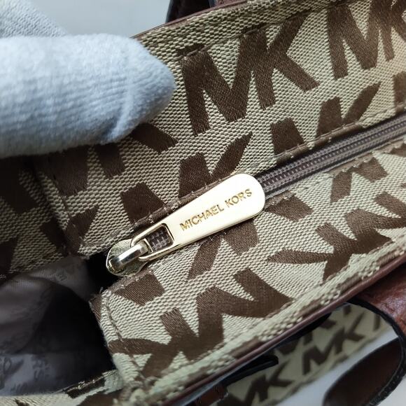 Michael Kors Brown Canvas Leather Trim MK Printed Double Handle Zipper Tote Bag - Picture 8 of 16